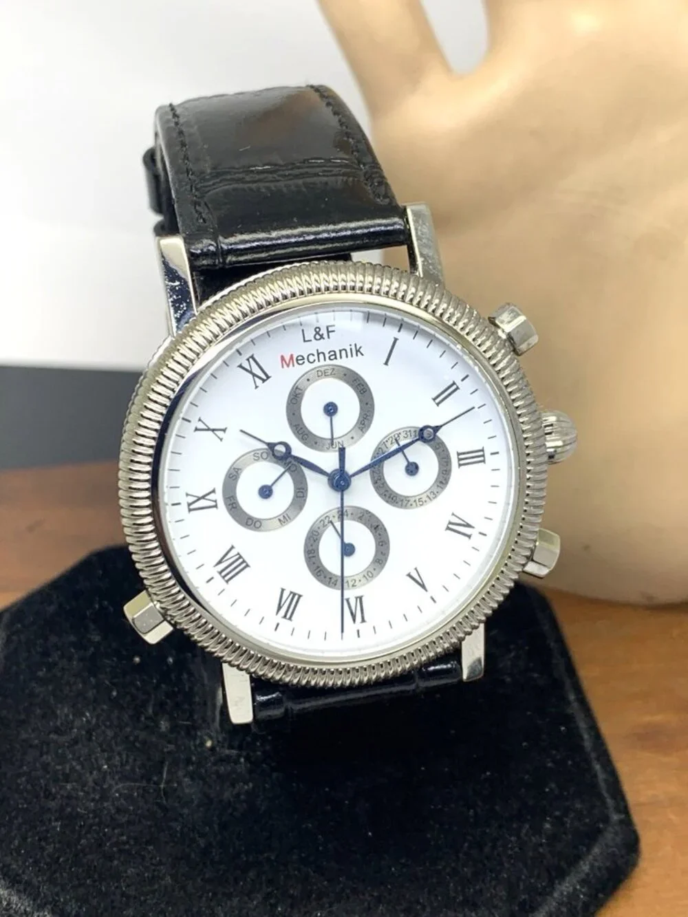 L&F Mechanik Men's Watch Automatic White Dial Con Edge Case Black Leather 43mm